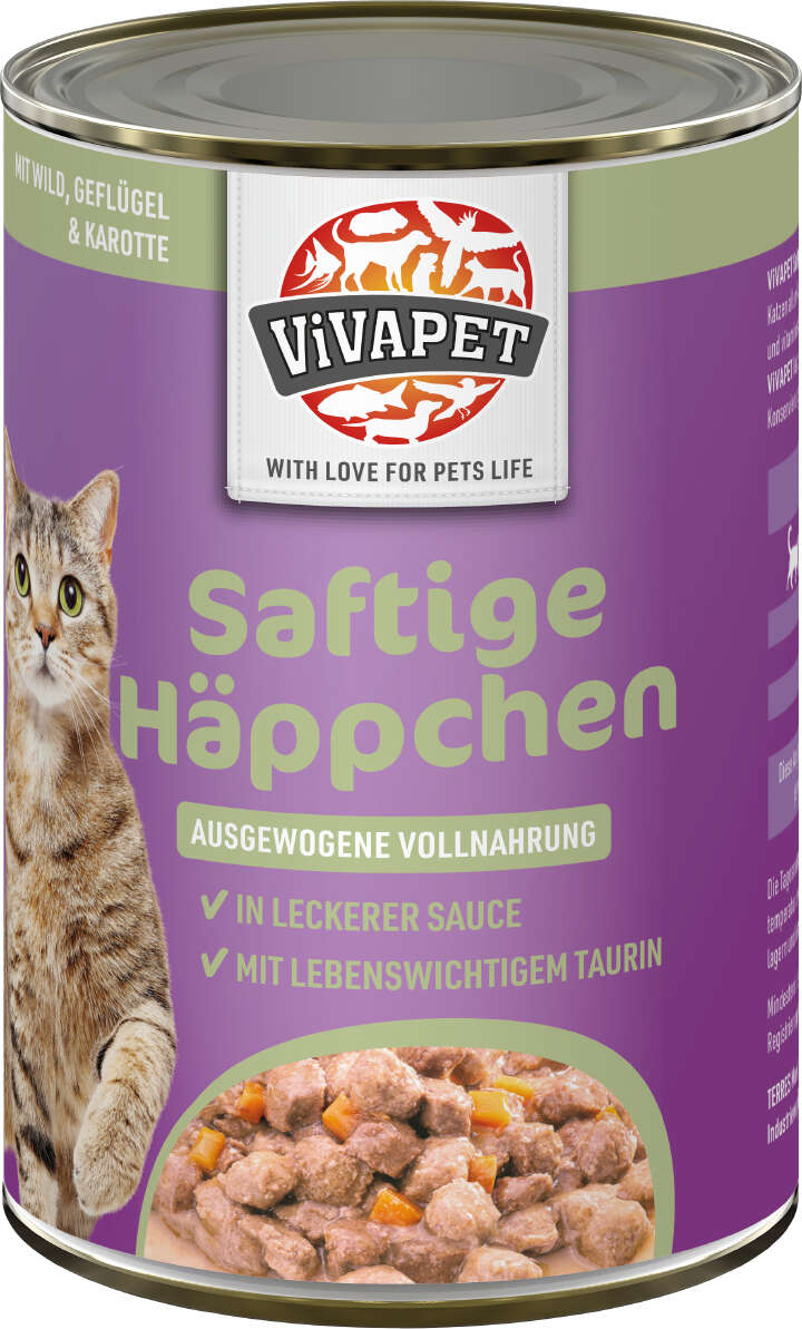 ViVAPET Katzen-Nassfutter Saftige Häppchen Wild, Geflügel, Karotten